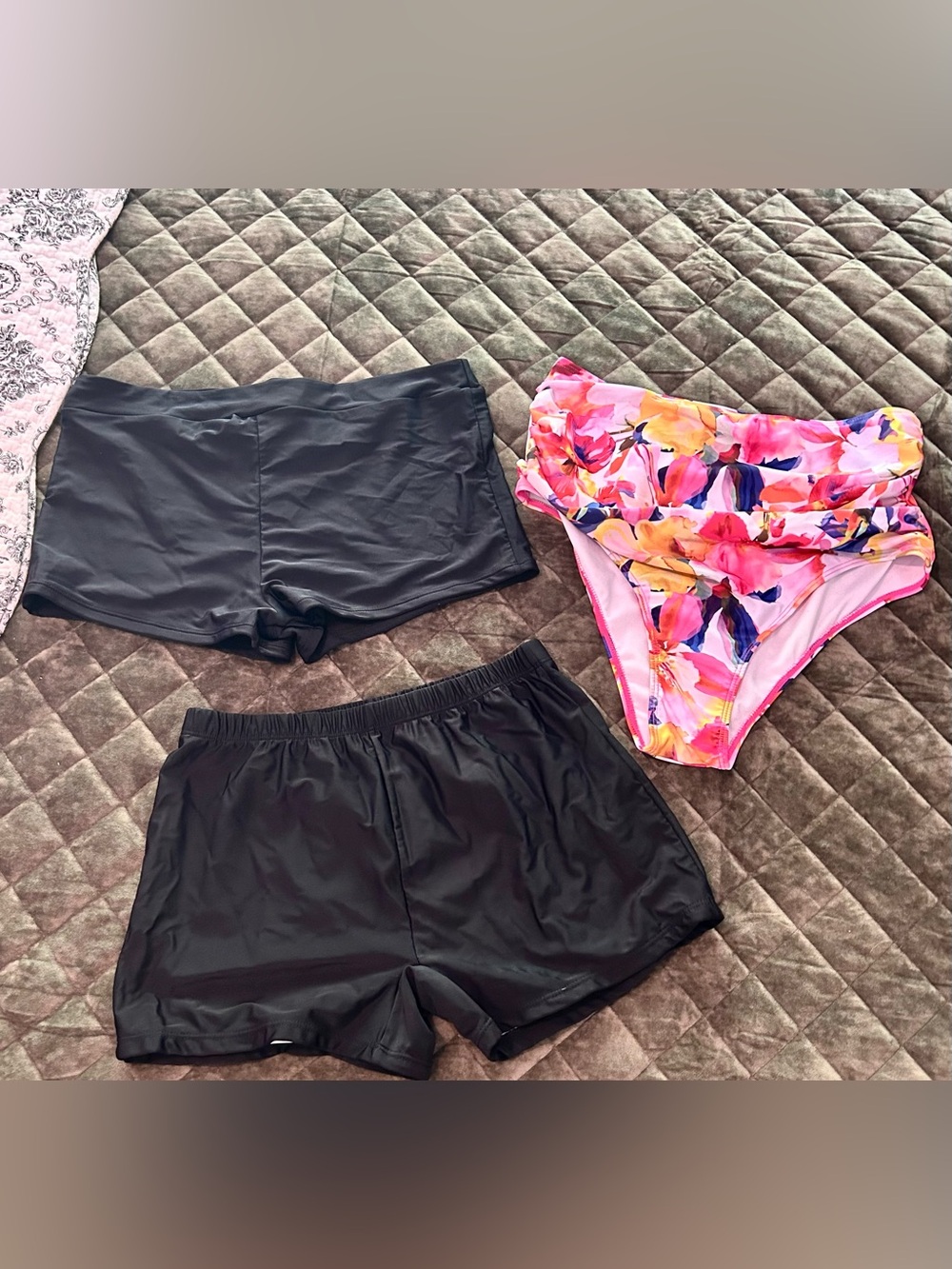 BUNDLE of Women’s High-Rise Pink Floral Bikini Bottom with 2 Black Swim Shorts